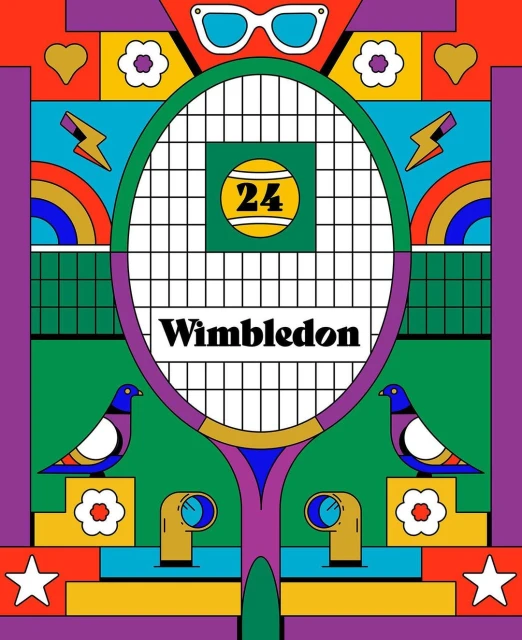 Colorful illustration featuring a tennis racket, ball with '24', birds, flowers, and graphic elements, creating a retro, symmetrical design.