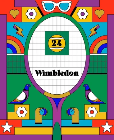 Colorful illustration featuring a tennis racket, ball with '24', birds, flowers, and graphic elements, creating a retro, symmetrical design.