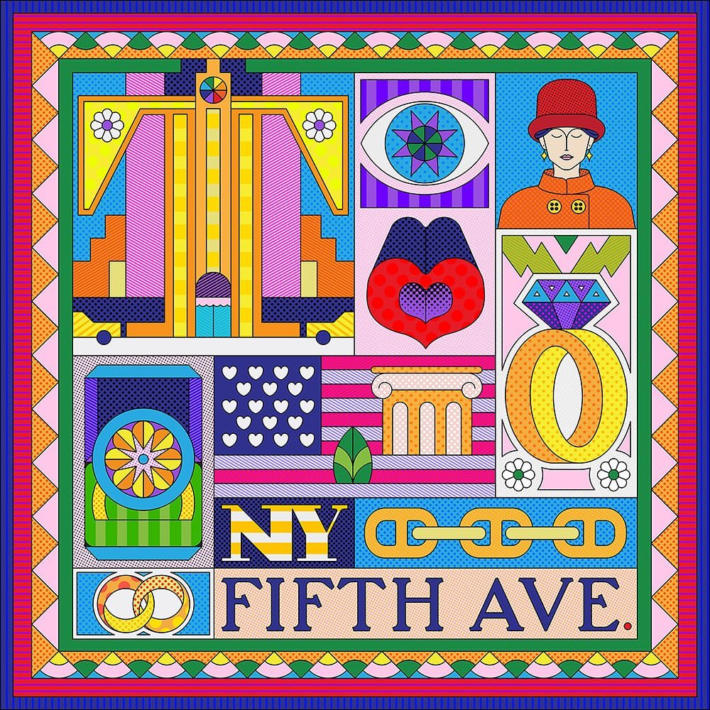 Vibrant pop art illustration featuring landmarks and symbols of New York's Fifth Avenue, including the Empire State Building and Tiffany ring.