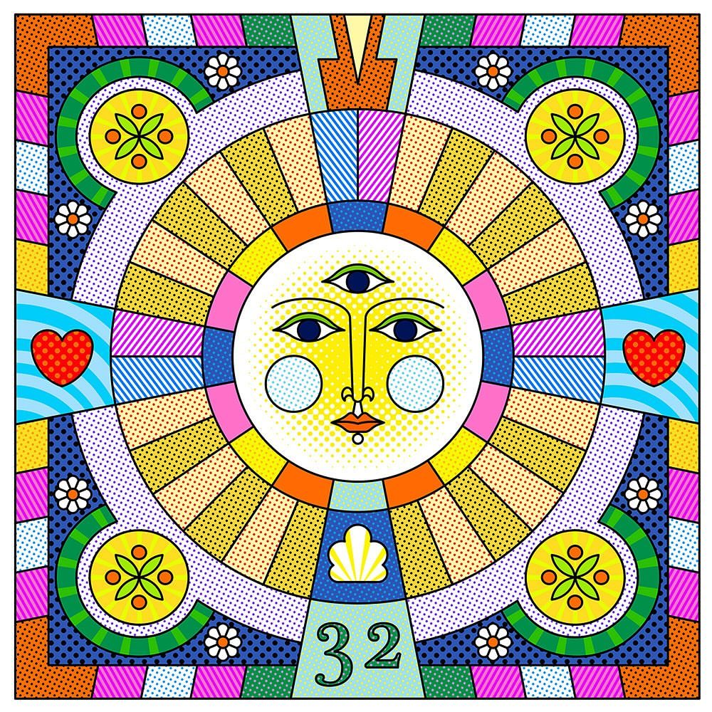 Abstract illustration of a sun-like face with a third eye, surrounded by colorful geometric shapes, hearts, flowers and the number 32.