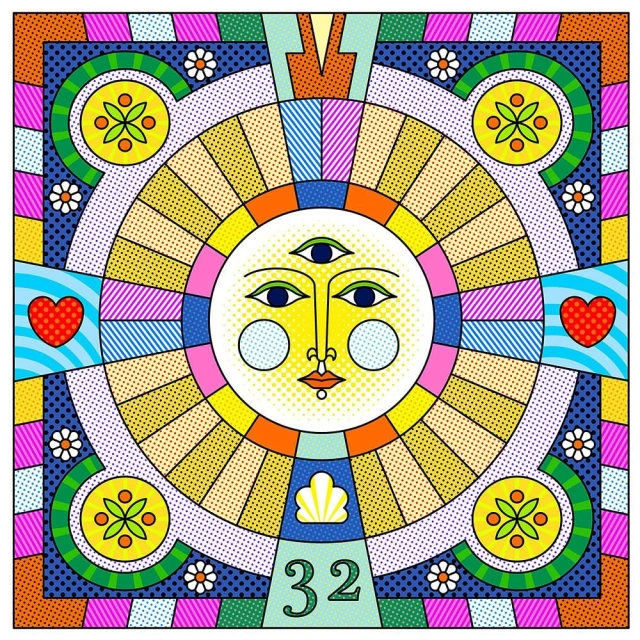 Abstract illustration of a sun-like face with a third eye, surrounded by colorful geometric shapes, hearts, flowers and the number 32.