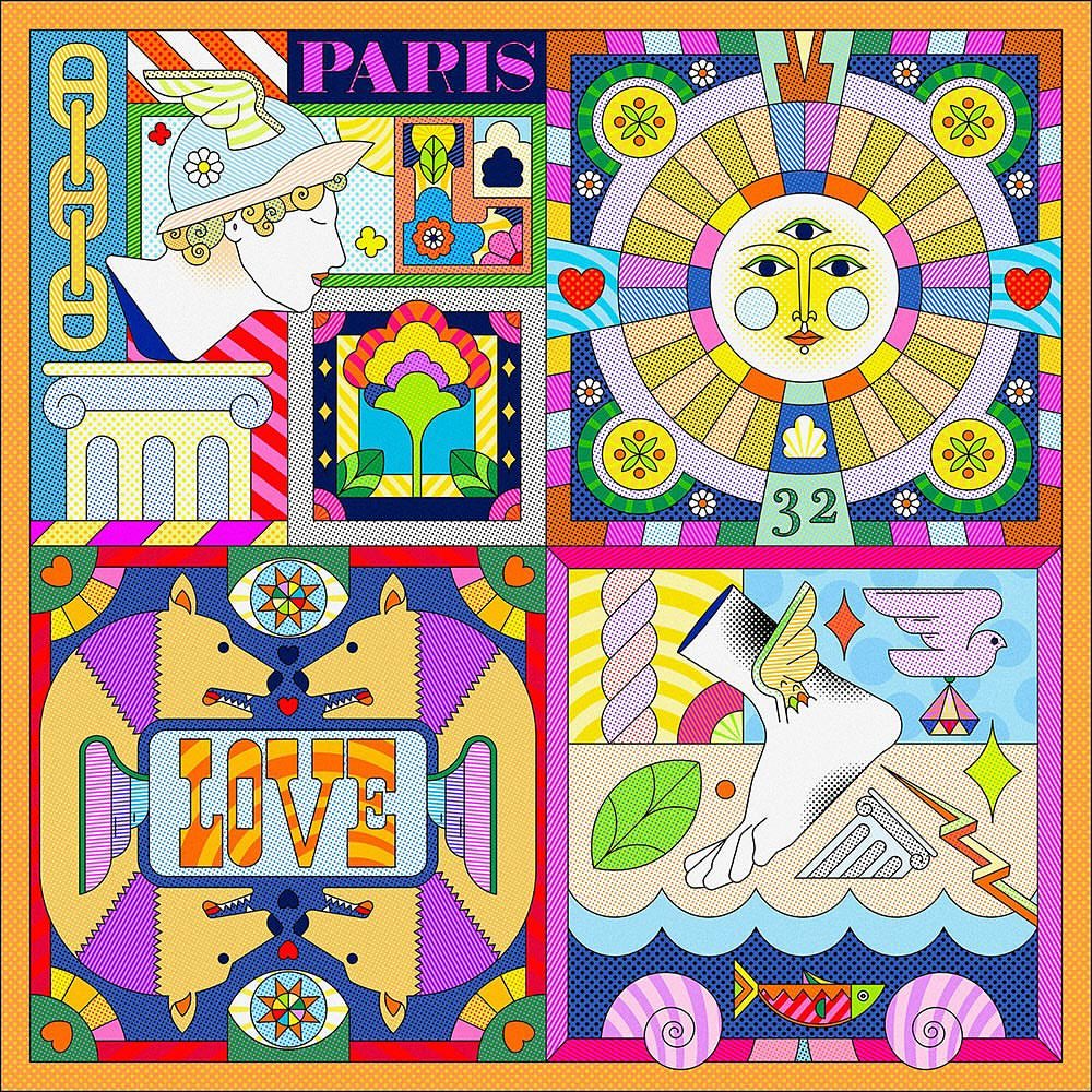 Colorful graphic art with geometric shapes, sun, Cupid, and text 'Paris' in a pop art style, suitable for fashion or editorial use.