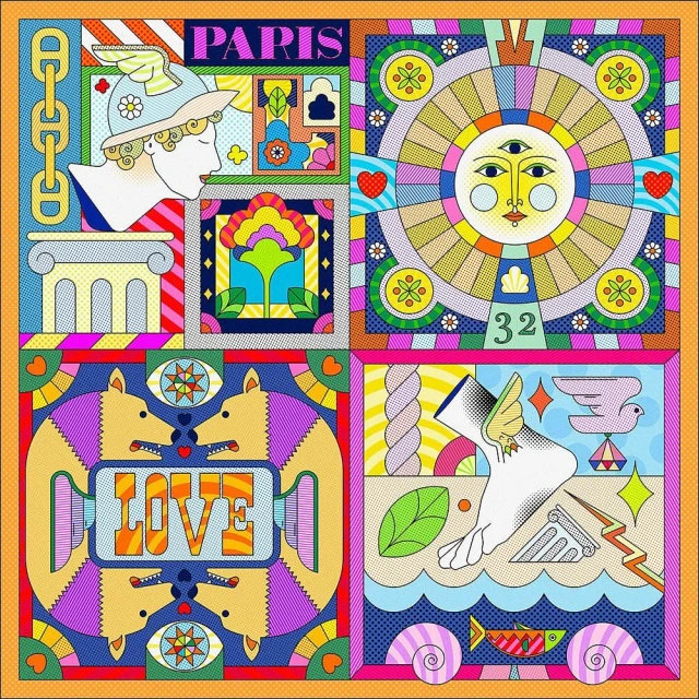 Colorful graphic art with geometric shapes, sun, Cupid, and text 'Paris' in a pop art style, suitable for fashion or editorial use.
