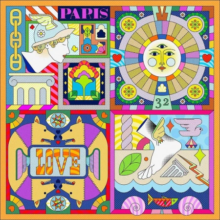 Colorful graphic art with geometric shapes, sun, Cupid, and text 'Paris' in a pop art style, suitable for fashion or editorial use.