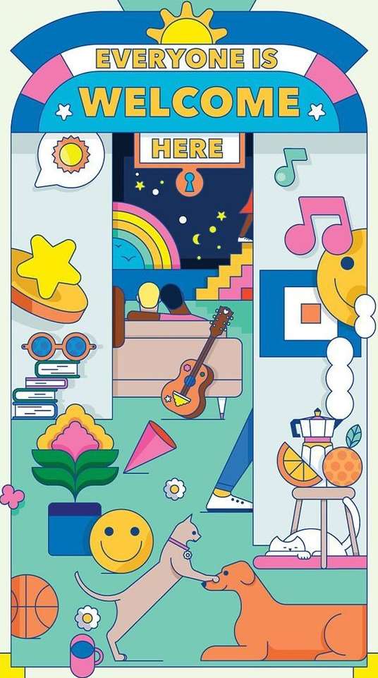 Whimsical illustration featuring a welcoming doorway with diverse objects, pets, musical notes, and an inclusive message.