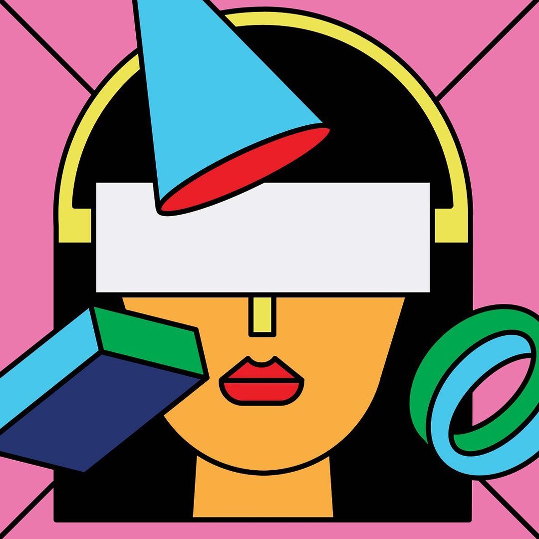 Geometric illustration of a woman's face with bold lines, abstract shapes, and vibrant colors including pink, blue, and yellow.