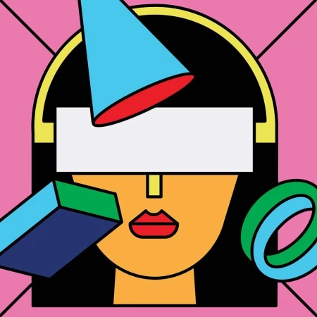 Geometric illustration of a woman's face with bold lines, abstract shapes, and vibrant colors including pink, blue, and yellow.