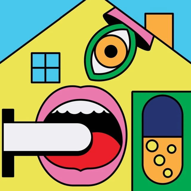 Colorful graphic illustration of a house with human features like a mouth, eye, and a hand giving it a pill, set against a blue sky.