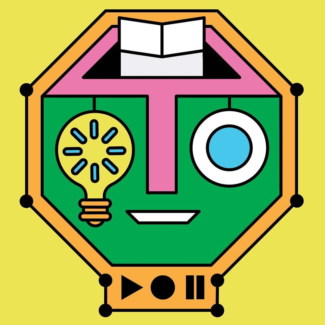 Abstract geometric face art featuring a lightbulb eye, book hat, and play button mouth on a vibrant yellow background.