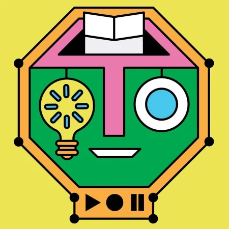 Abstract geometric face art featuring a lightbulb eye, book hat, and play button mouth on a vibrant yellow background.