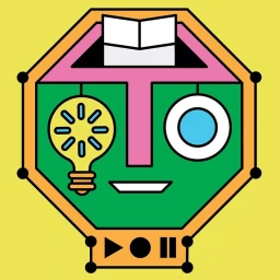 Digital illustration of an octagonal face featuring a lightbulb eye, a circular eye, and media playback controls by Jamie Cullen