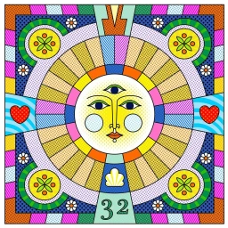 Colorful symmetrical square pop art illustration featuring a sun face with three eyes surrounded by geometric patterns