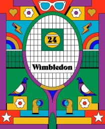 Colorful flat vector illustration featuring a tennis racket with Wimbledon branding, birds, and geometric patterns by Jamie Cullen