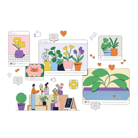 Illustration of a florist shop with social media posts featuring potted plants, with two people standing behind a counter, selling flowers.
