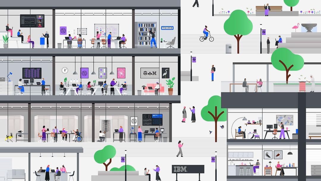 Illustration of people working in a modern office building with green spaces; featuring diverse individuals in a commercial setting.