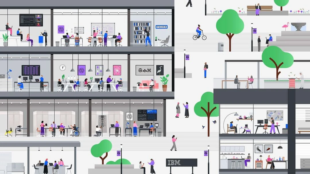Illustration of people working in a modern office building with green spaces; featuring diverse individuals in a commercial setting.