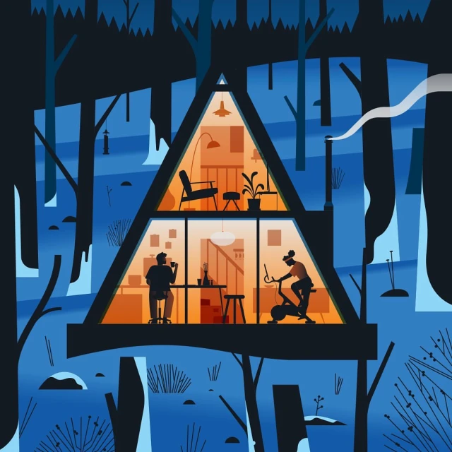 Stylized illustration of A-frame house in forest at night with silhouetted figures working and relaxing inside against orange glow of lights.