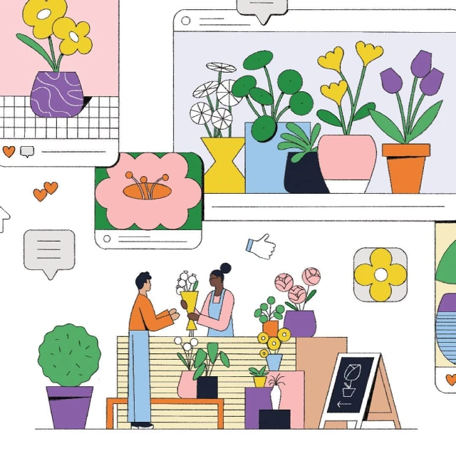 Illustration of a florist at work, serving a customer with potted plants and flowers displayed on a counter in a flower shop.