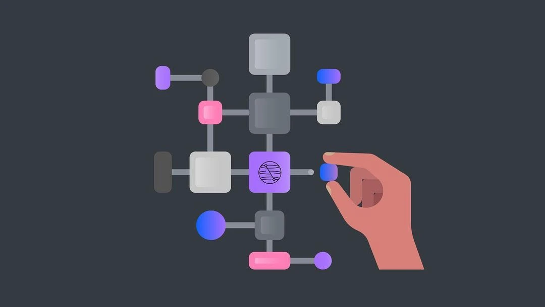 Conceptual vector illustration of a hand interacting with a network diagram, connecting a blue node in a digital interface.