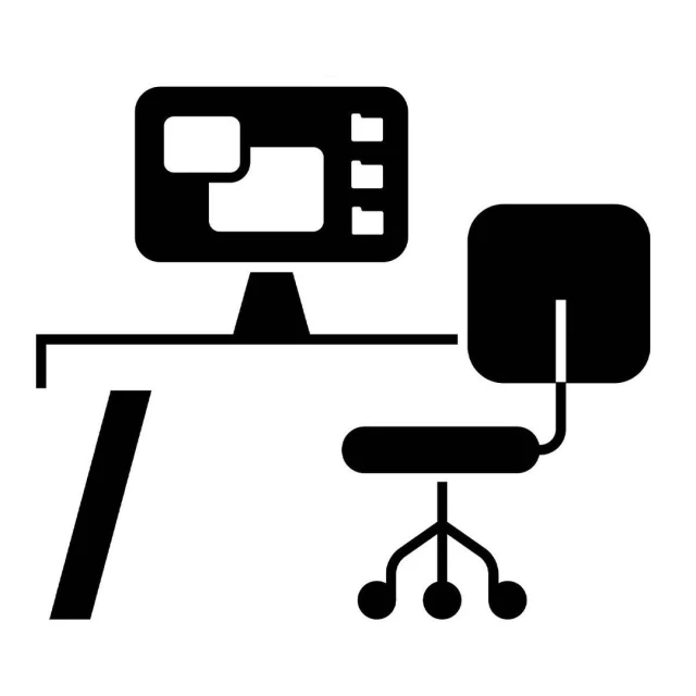 Illustration of a black computer on a desk with a chair, creating a modern workspace setup, ideal for technology or office-related visuals.