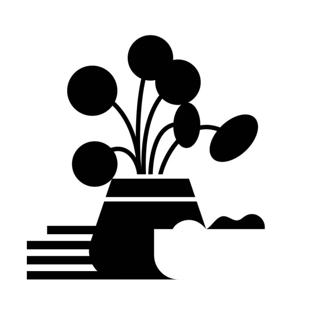 Stylized illustration of a potted plant with round leaves in a dark color palette. Modern and minimal design aesthetic.