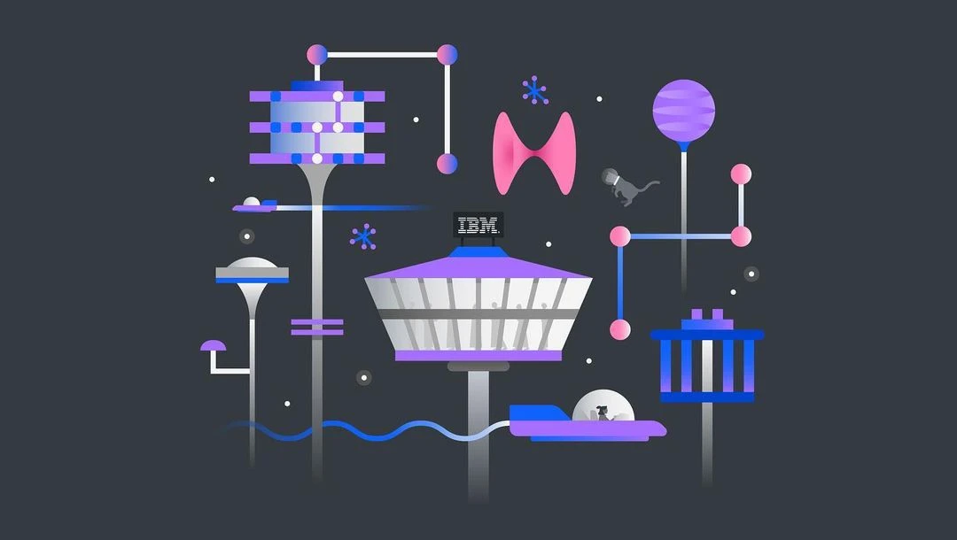 Abstract vector illustration features floating platforms, colorful spheres, and line art in shades of purple, pink, and blue.
