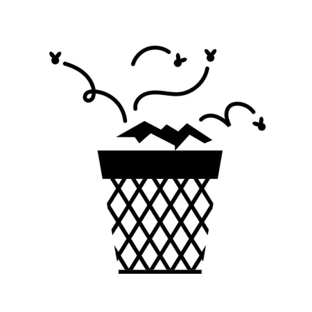 Illustration of an overflowing trash can with flies buzzing around it, set against a clean white background.