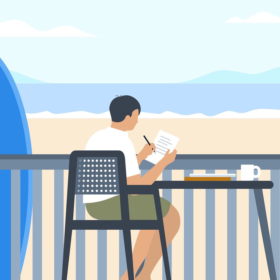 Illustration of a person seated at a table on a beachside balcony, writing on a piece of paper with ocean and sky in the background.