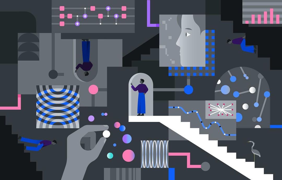 Abstract vector illustration of human figures, diagrams, and architectural elements in shades of grey, blue, and pink.