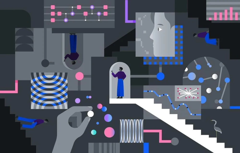 Abstract vector illustration of human figures, diagrams, and architectural elements in shades of grey, blue, and pink.