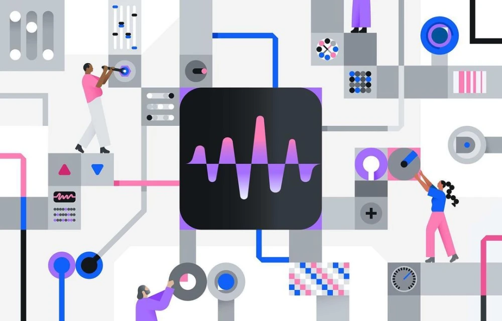 Abstract illustration features people interacting with equalizer controls and geometric shapes in blue, pink, purple, black, grey, and white.