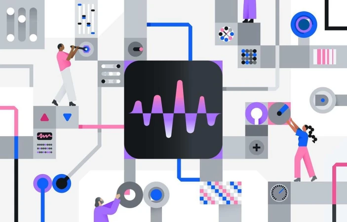Abstract illustration features people interacting with equalizer controls and geometric shapes in blue, pink, purple, black, grey, and white.