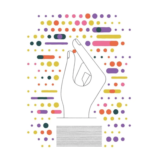 Illustration of a hand performing the Italian hand gesture 'ma che vuoi,' set against a backdrop of colorful dots and lines.