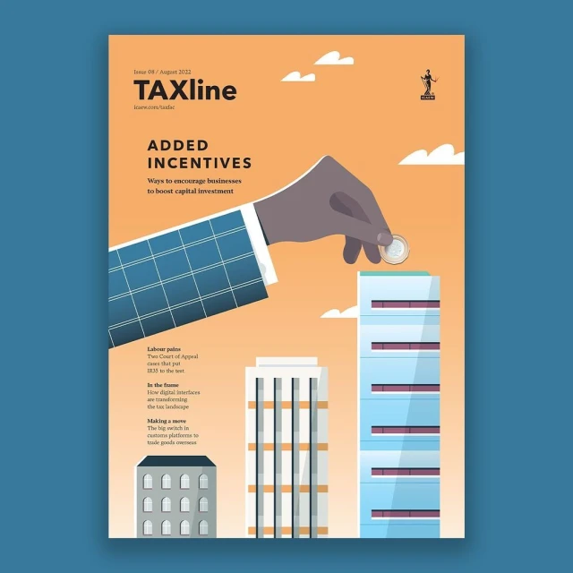 Illustration of a magazine cover featuring an arm placing a coin on top of a building, with financial incentive themes and business concepts.