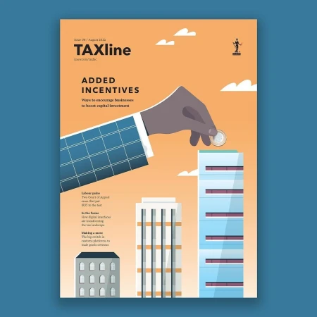 Illustration of a magazine cover featuring an arm placing a coin on top of a building, with financial incentive themes and business concepts.
