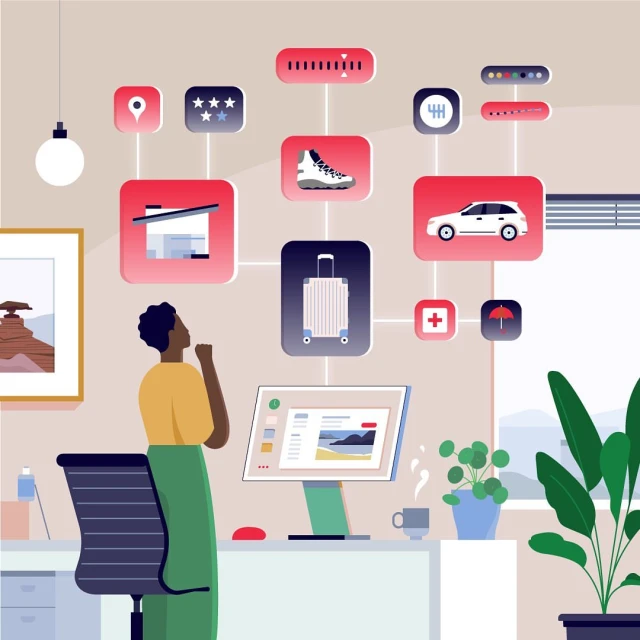 Illustration of a person using a computer for travel planning, showing icons for hotel, luggage, car, and other trip elements.