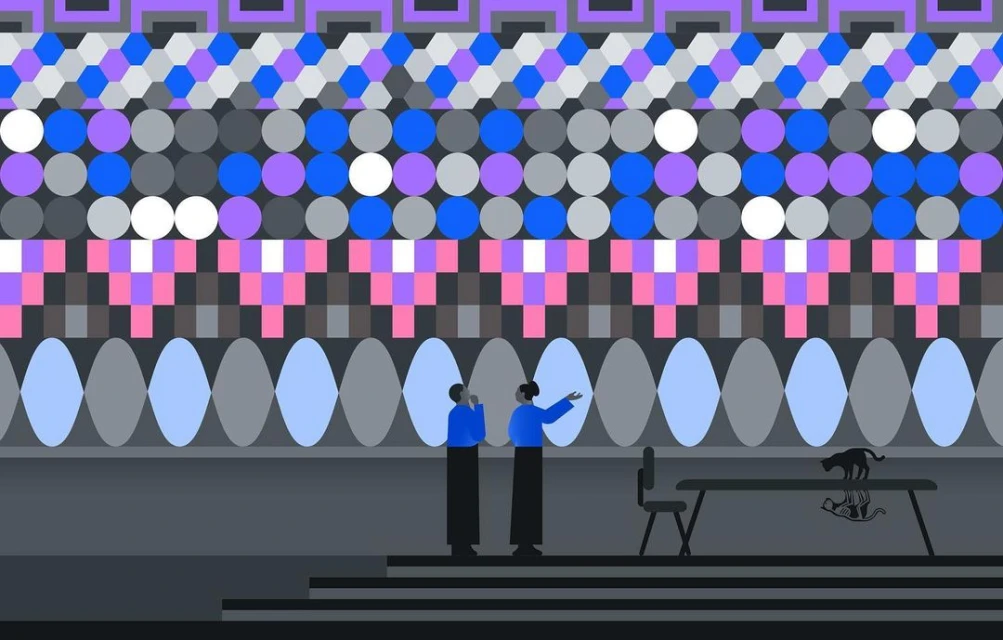 Stylized illustration showing two adults in blue jackets discussing art against a geometric backdrop with a cat on a table.