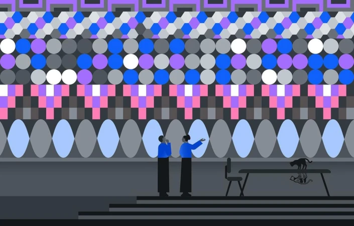 Stylized illustration showing two adults in blue jackets discussing art against a geometric backdrop with a cat on a table.