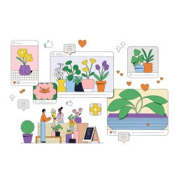 Digital illustration by Jamie Jones featuring potted plants, social media UI frames, hearts, and a florist shop scene.