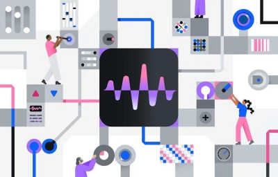 Digital illustration of miniature figures interacting with abstract user interface elements and a central audio waveform icon.