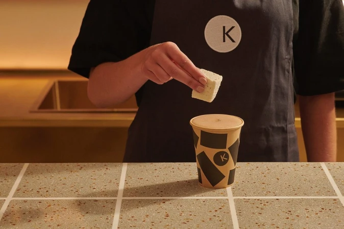 A person in an apron prepares a drink with a square piece of food. The composition includes a textured countertop and modern branding.