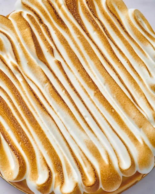 Overhead close-up of a lemon meringue pie, showcasing the toasted meringue peaks and golden-brown crust on a light background.