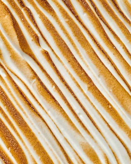 Overhead shot of torched meringue topping with toasted stripes; golden-brown peaks and swirls on white, creamy dessert surface.