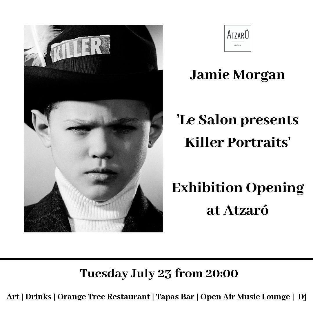Black and white portrait of a young boy in a hat with 'KILLER' on it, creating an edgy and striking visual for an exhibition poster.