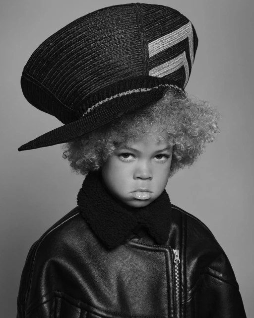 Child with curly hair poses in a black leather jacket and oversized hat, shot in black and white against a gray background.