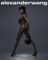 Naomi Campbell posing in a studded sheer bodysuit holding a black handbag against a dark grey seamless studio background.
