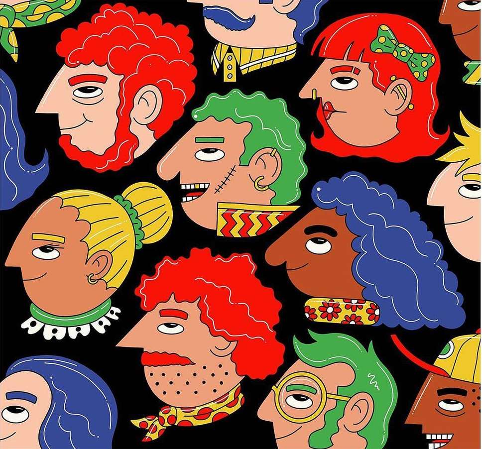 Seamless pattern featuring stylized cartoon faces with varied expressions, colors, and quirky details against a solid black backdrop.