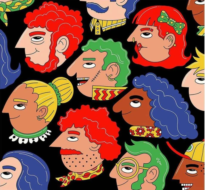 Seamless pattern featuring stylized cartoon faces with varied expressions, colors, and quirky details against a solid black backdrop.