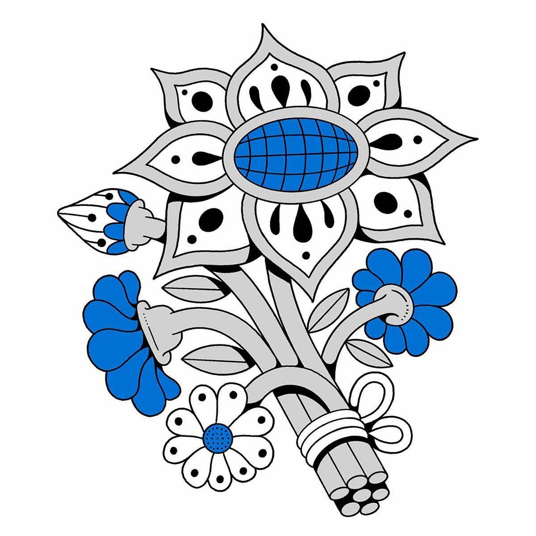 Illustration of a floral bouquet with blue and grey flowers and green stems on a white background, perfect for backgrounds.