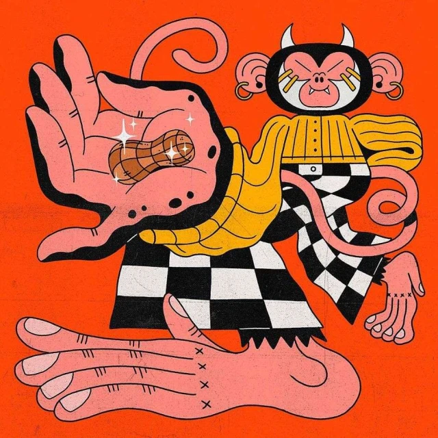 Whimsical illustration of a cartoonish demon-like character holding a peanut on an orange background with geometric details.